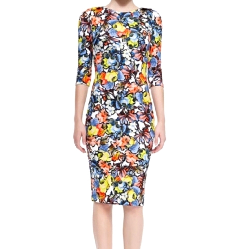 Erdem Wilhelmina Colourful Floral Sheath Dress Elbow Half Sleeves Size 8 Luxury